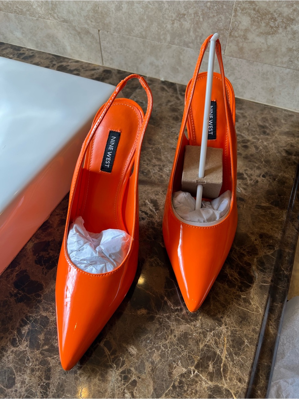 Nine West Bright Orange Patent Pointed-Toe Slingback Pumps